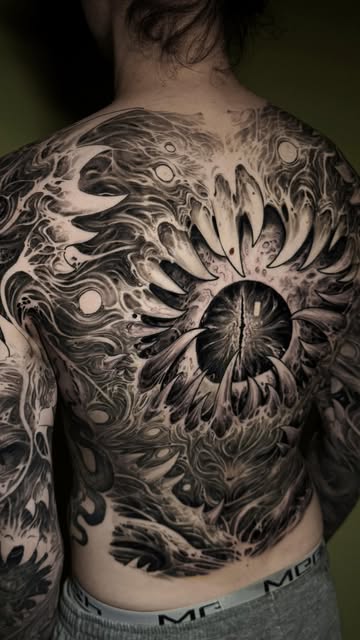 Large bio-organic eye tattoo across a client's back